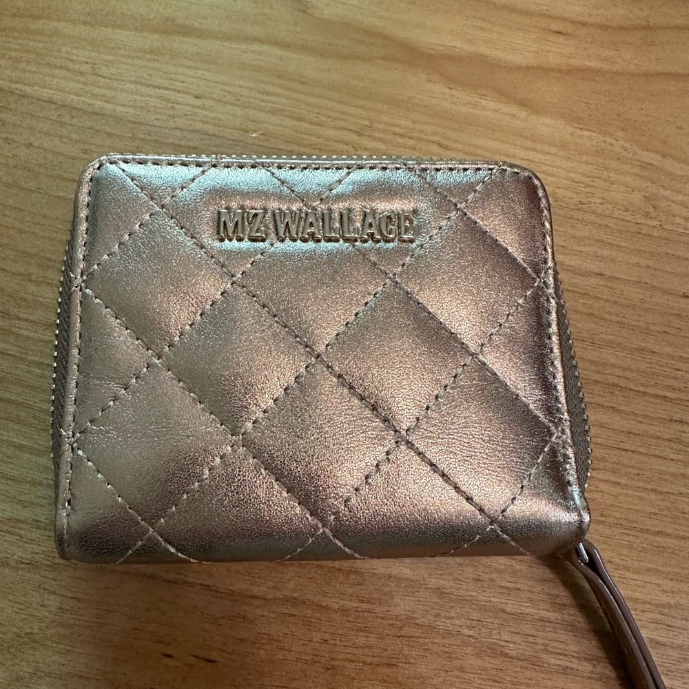 MZ Wallace Small Zip Round Wallet Honey Metallic Leather color NWT
